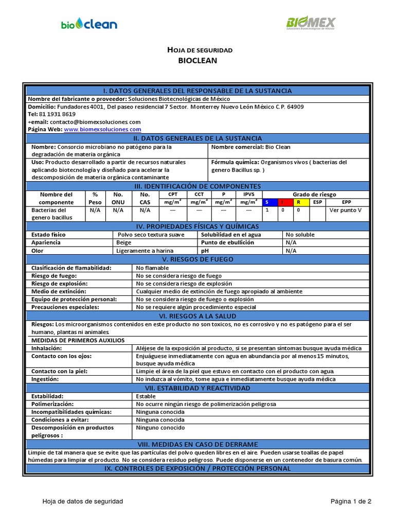 H.S. BioClean 1 MSDS | PDF | Agua | Residuos
