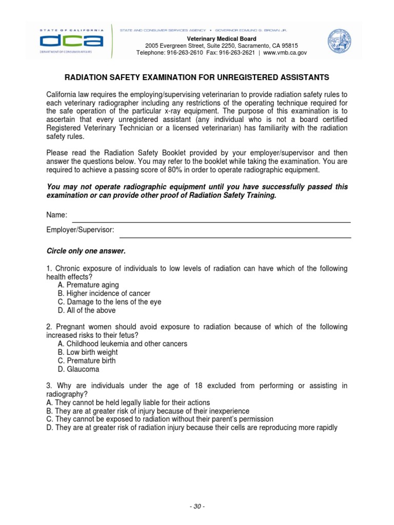 Radiation Safety Quiz PDF Radiography Radiation Protection