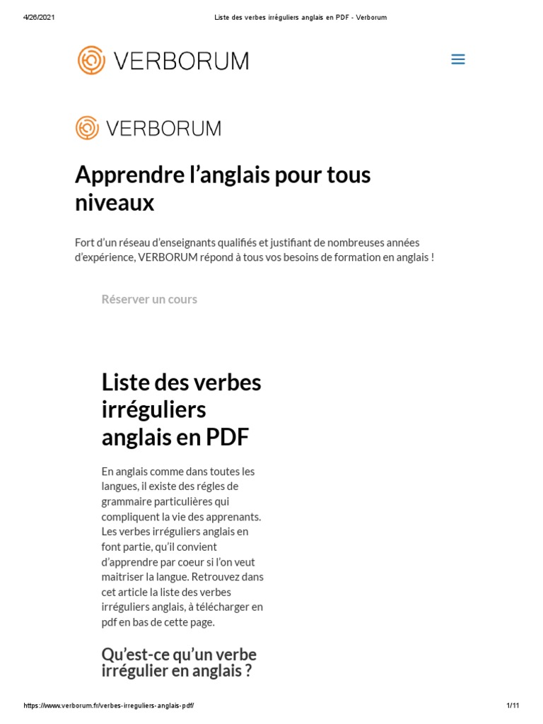 Liste Des Verbes Irréguliers Anglais en PDF - Verborum | PDF | Verbe ...