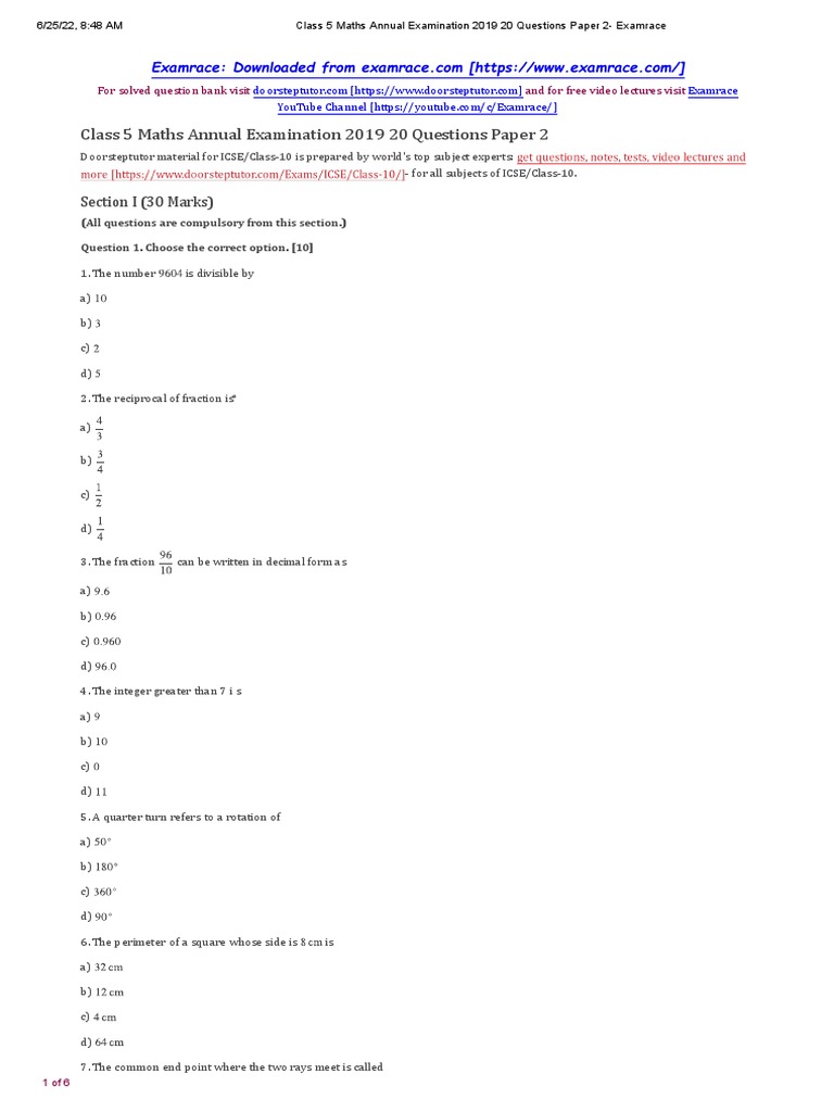 ICSE Class 5 Maths Sample Paper 2 | PDF | Elementary Mathematics ...