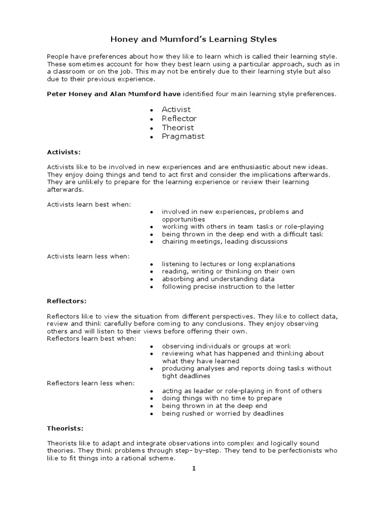 What Are The 4 Types Of Learning Styles Honey And Mumford