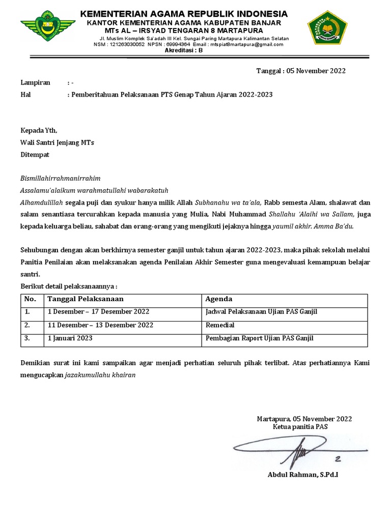 Pemberitahuan Pelaksanaan PTS Genap Tahun Ajaran 2022-2023 | PDF