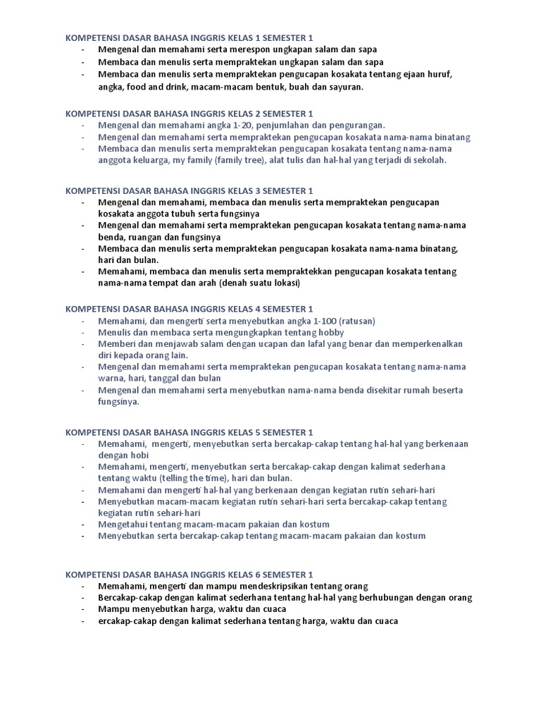 Kompetensi Dasar Bahasa Inggris Kelas 1 Semester 1 Pdf