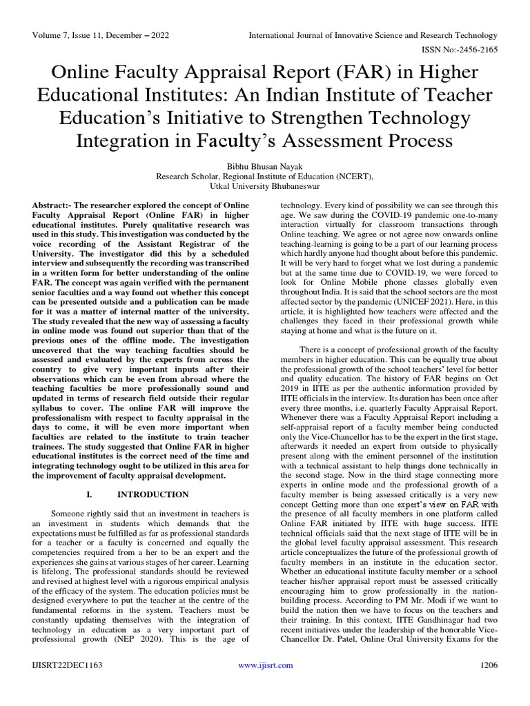 Online Faculty Appraisal Report (FAR) in Higher Educational Institutes