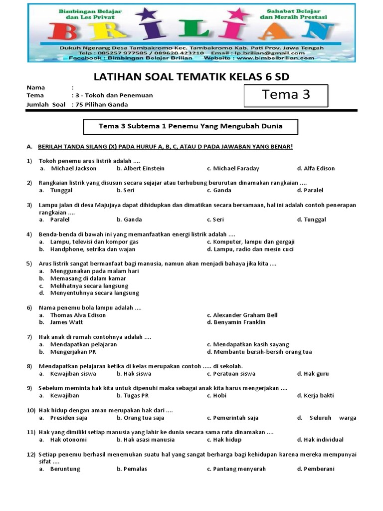 Kisi-kisi soal pilihan ganda kelas 3 tema 6