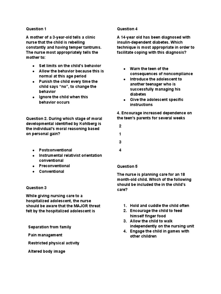 Pediatric Nursing Developmental Stages Quiz | PDF | Adolescence | Family