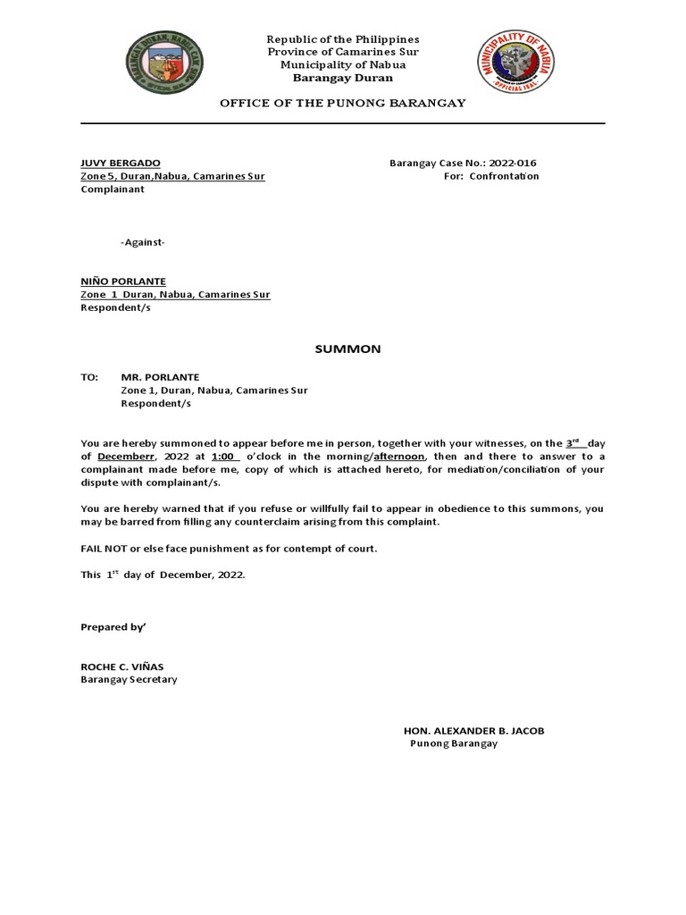 Barangay Summon for Mediation | PDF