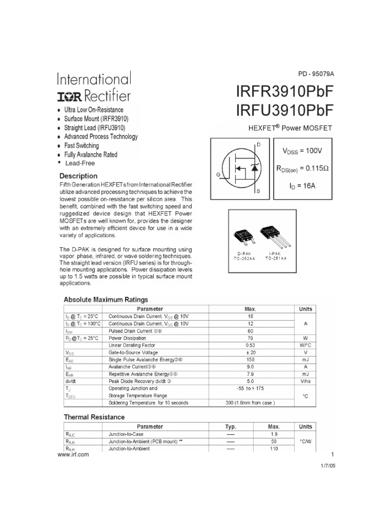 Infineon IRFR3910 DataSheet v01 01 en | PDF