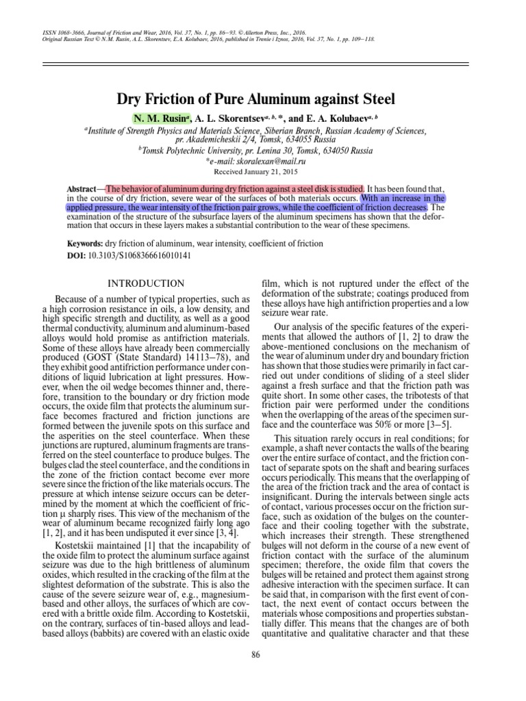 Dry Friction of Pure Aluminum Against Steel - N. Rusin | PDF | Friction ...