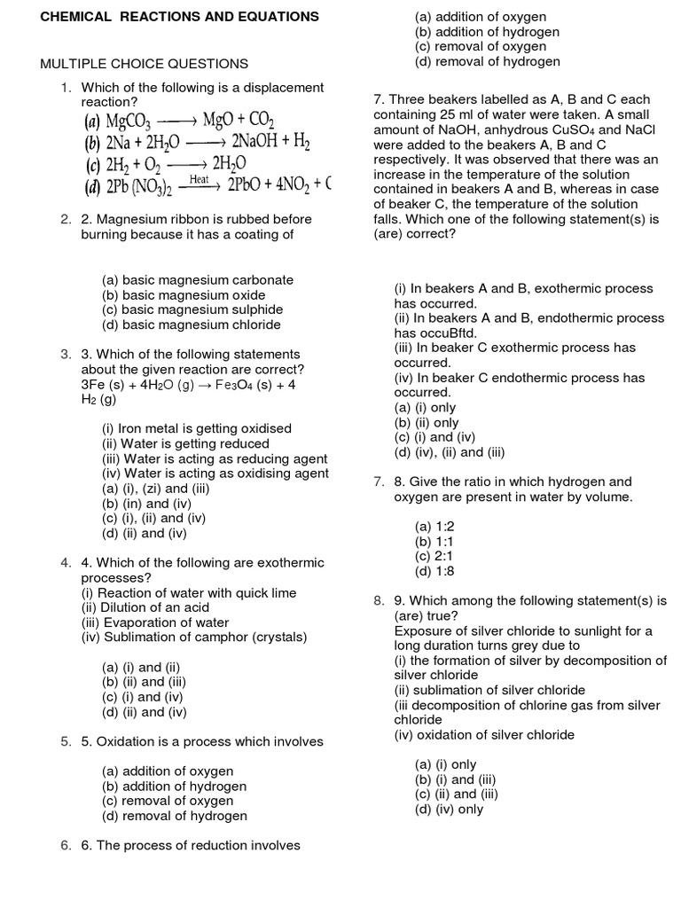 Chemical Reactions MCQ and Concepts | PDF | Chemical Reactions | Redox