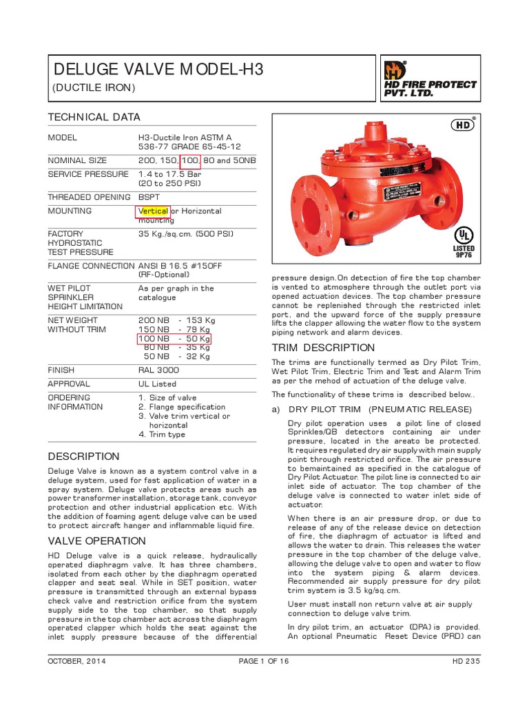 Deluge Valve Model-H3 | PDF | Valve | Fire Sprinkler System