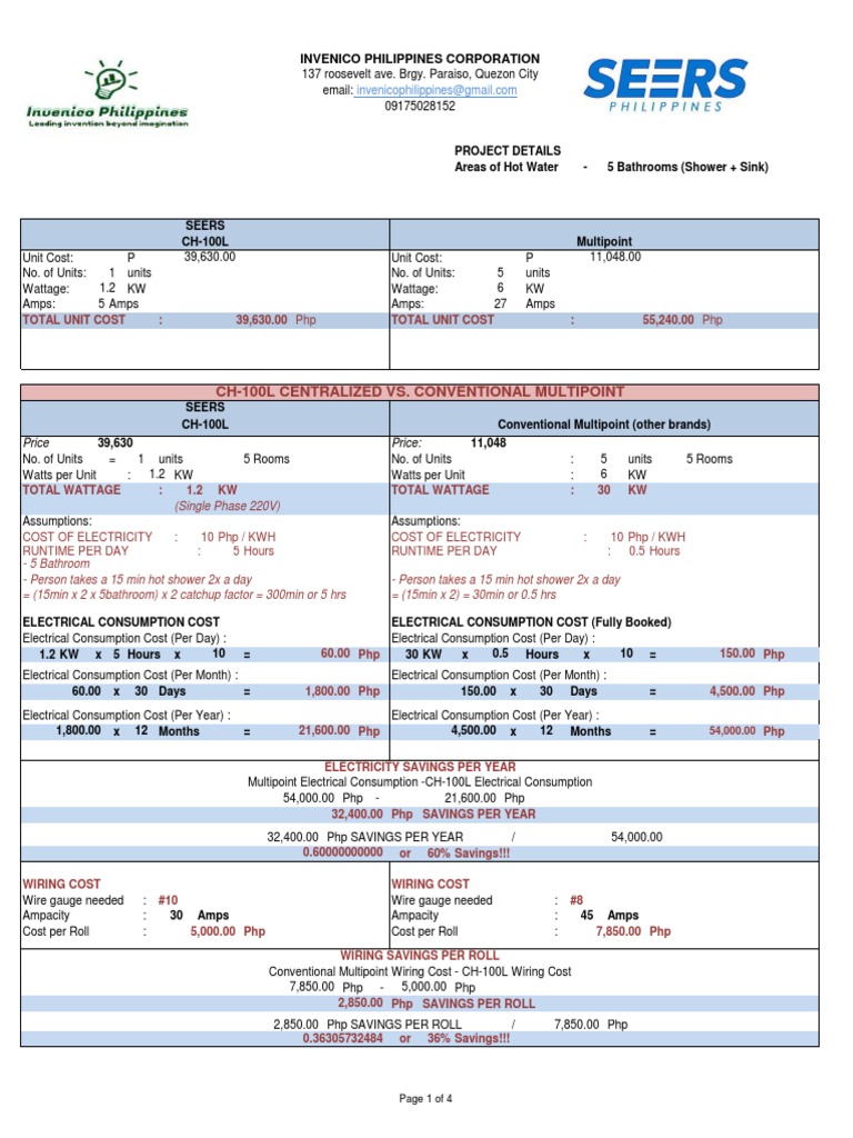 SEERS CH100L Vs Multipoint - Case Study 5 Bathrooms | PDF | Electrical