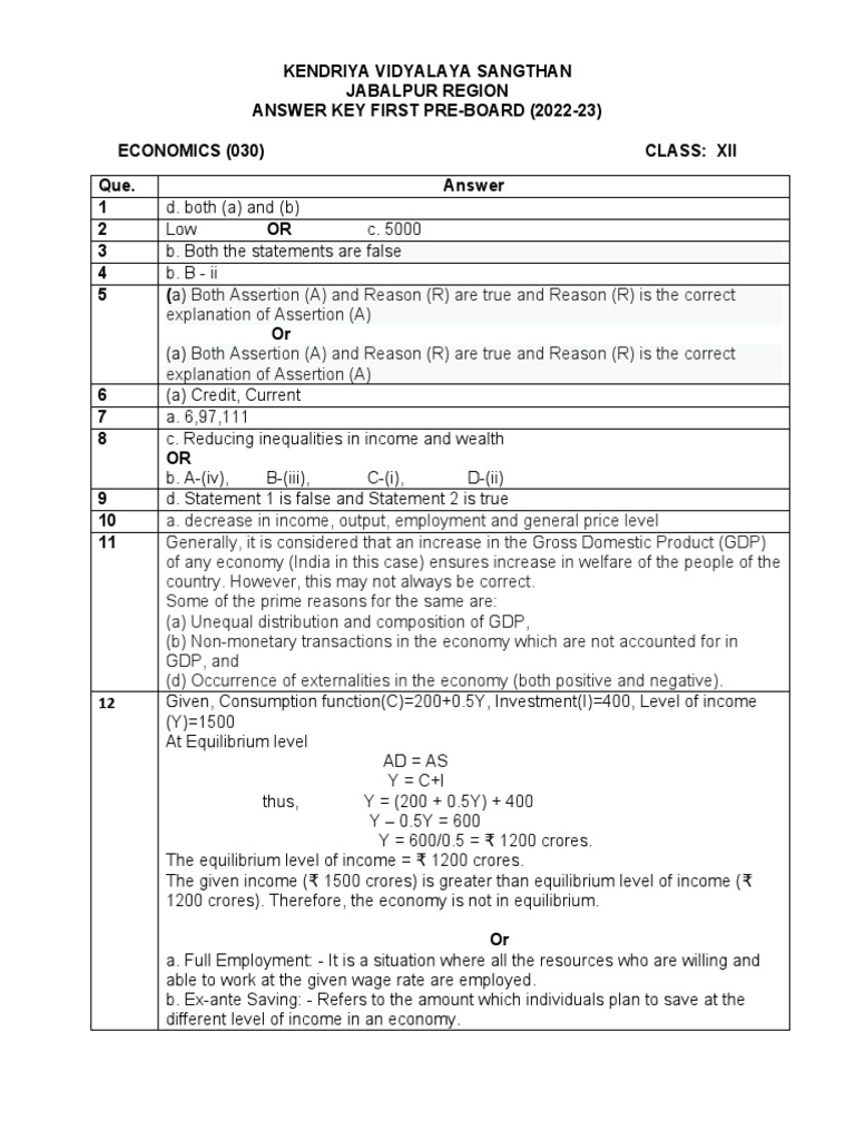 Economics Pre-Board Answer Key 2022-23 | PDF | Balance Of Trade | Human ...