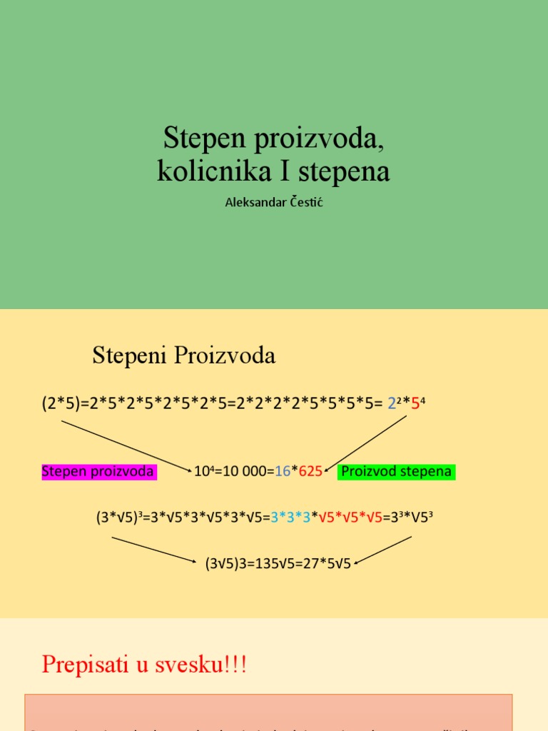 Stepen Proizvoda, Kolicnika I Stepena | PDF