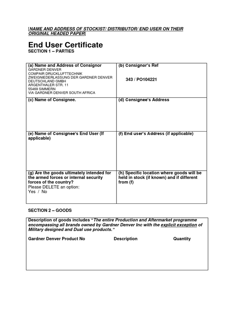 End User Certificate for Gardner Denver Products | PDF | Petroleum, image size:768x1024