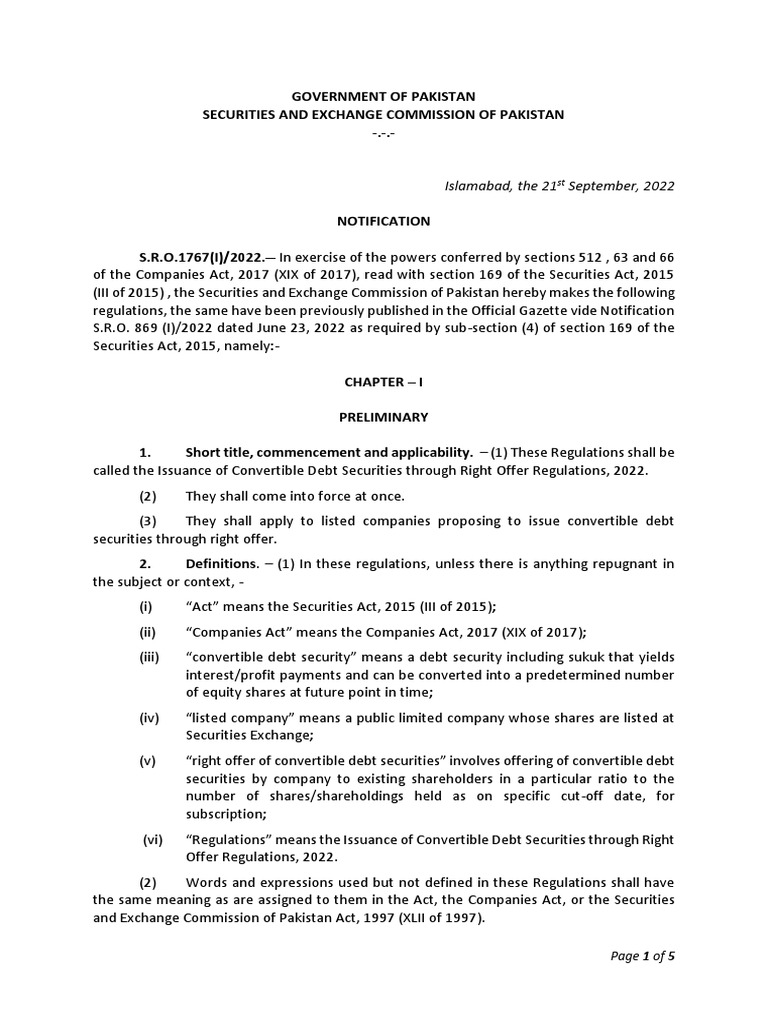 Issuance of Convertible Debt Securities Through Right Offer Regulations