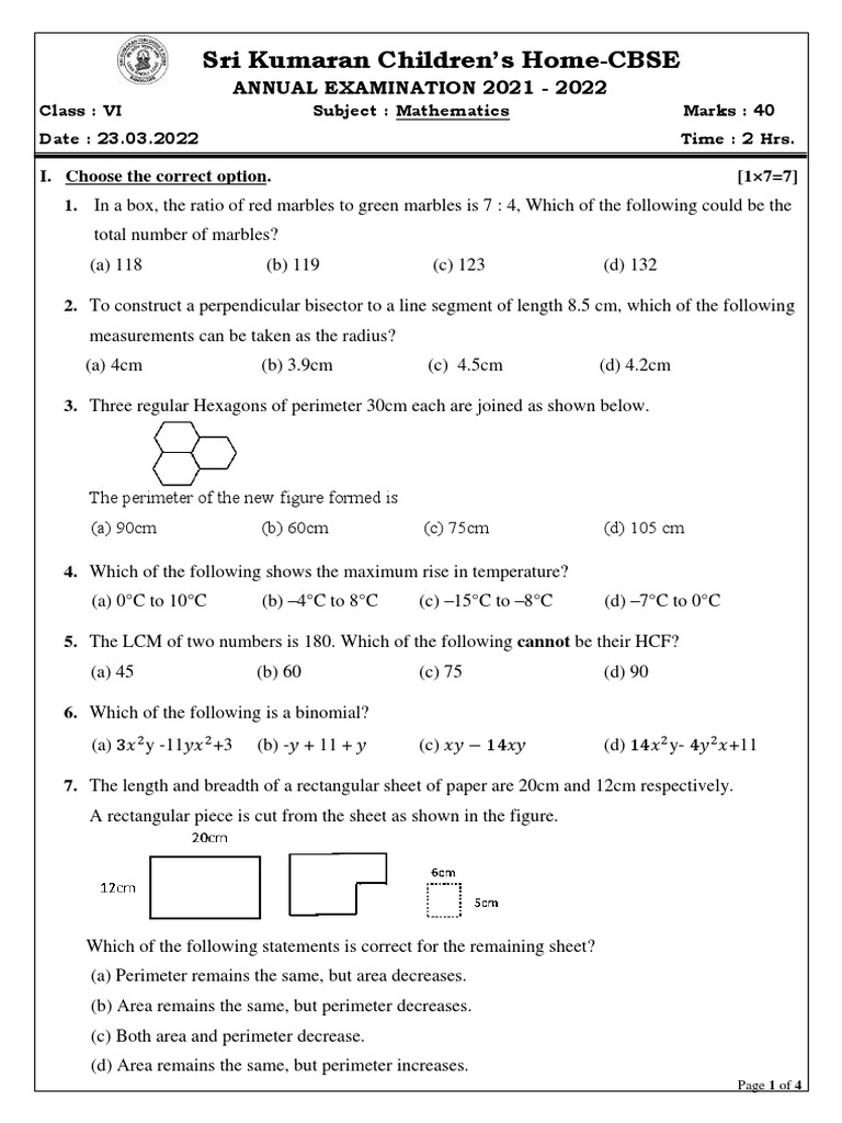 Class VI Mathematics Annual Exam 2022 | PDF