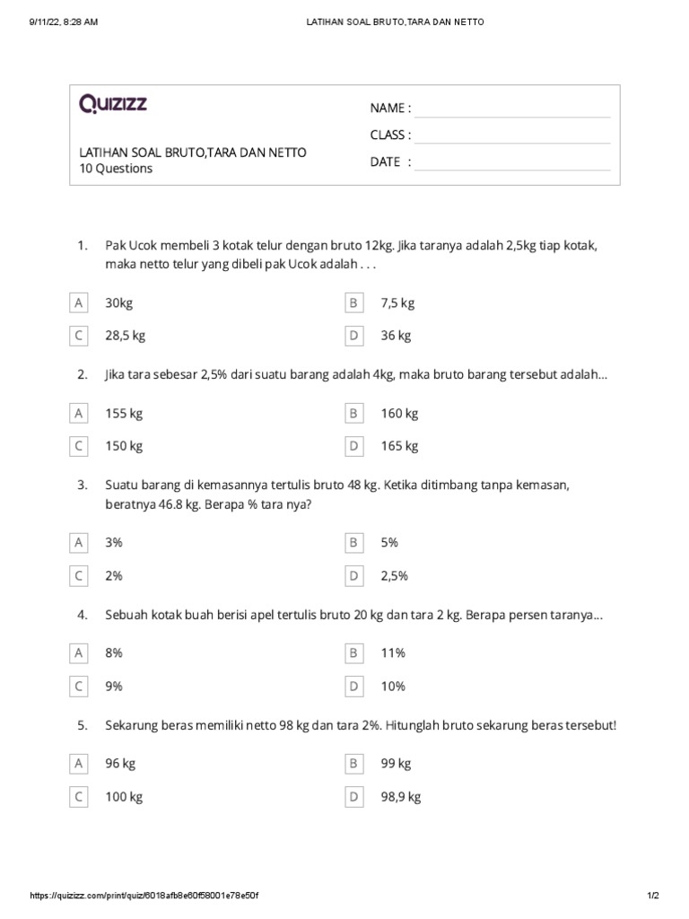 Latihan Soal Bruto Tara Dan Netto Pdf