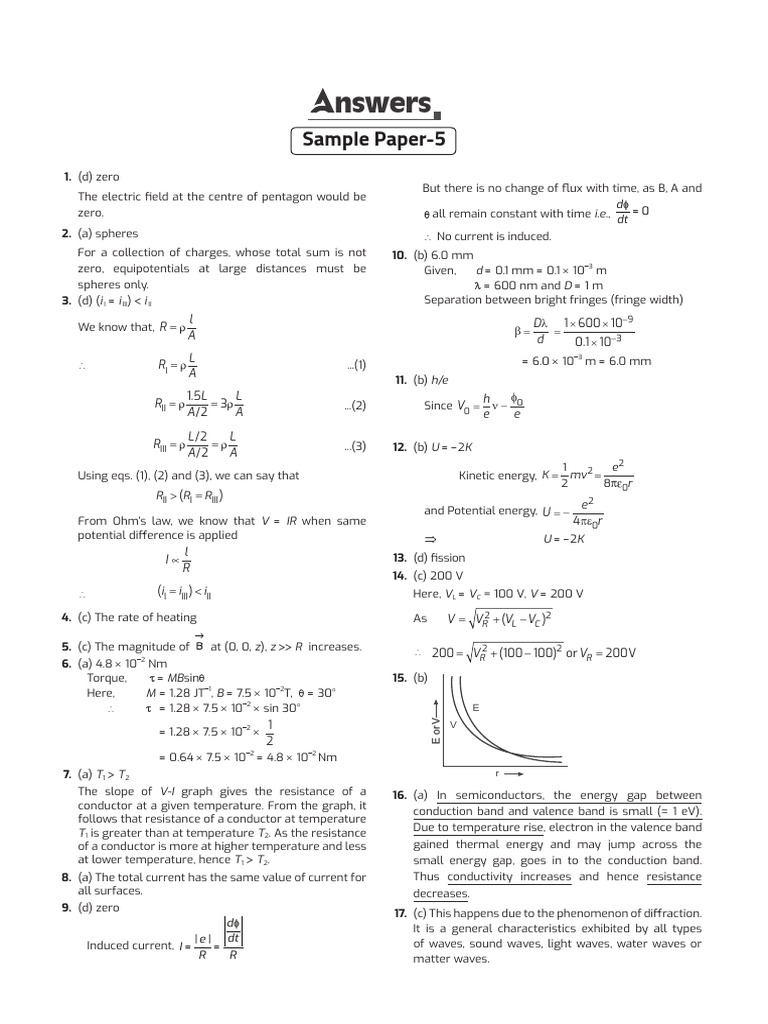 Answers of Sample Paper 5 10 Physics 12 PDF Photoelectric Effect