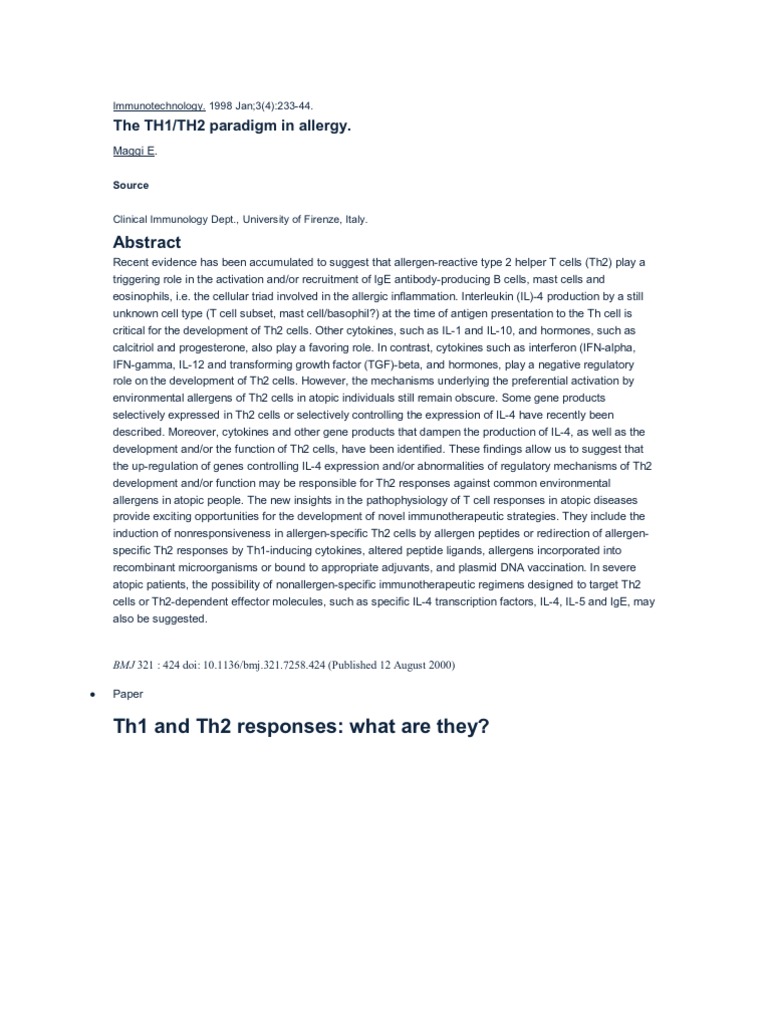 The TH1/TH2 Paradigm in Allergy.: Th1 and Th2 Responses: What Are They ...