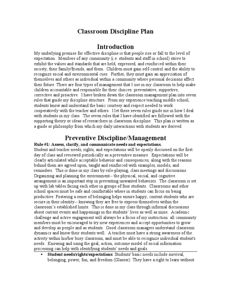Classroom Discipline Management Plan | PDF | Classroom Management ...