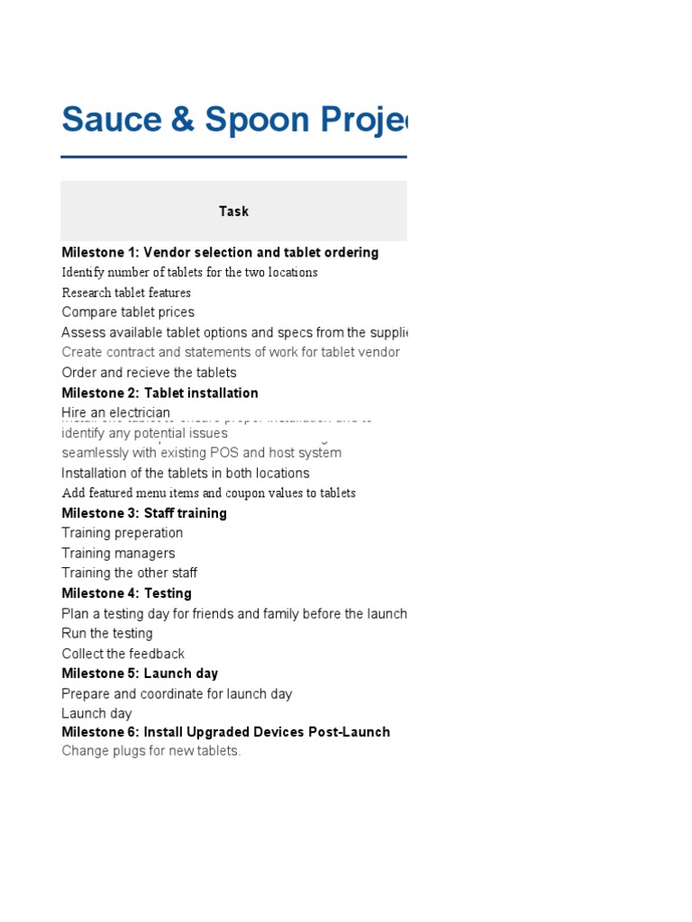 Sauce & Spoon Project Plan Tablet Rollout PDF Tablet Computer