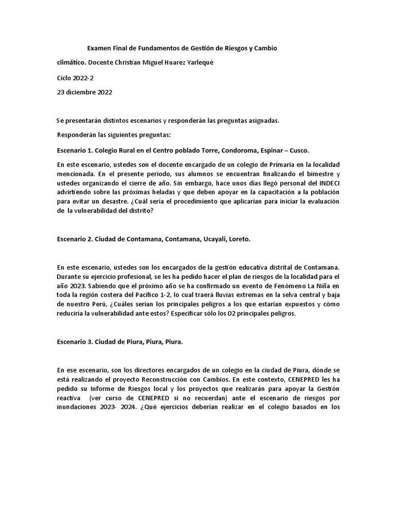 Examen Gestión De Riesgos Climáticos Pdf Prueba Evaluación Lima