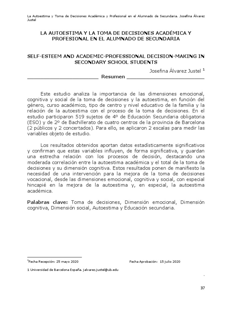 Autoestima y Decisiones en Secundaria | PDF | Toma de decisiones | Las ...