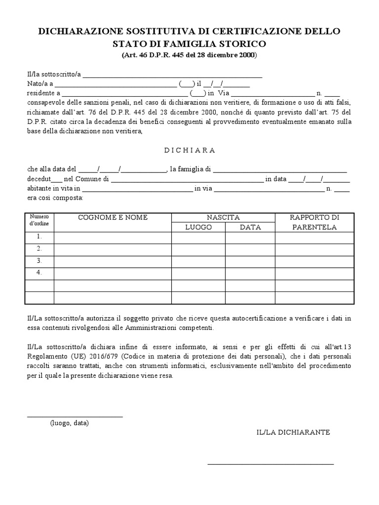 Dichiarazione Sostitutiva Di Certificazione Dello Stato Di Famiglia