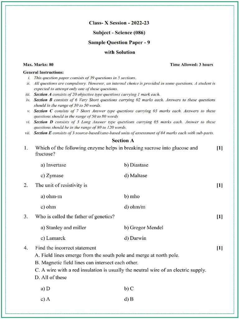 9 Science Sample Paper - 9 - 1 | PDF