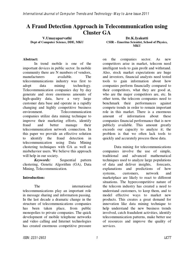 A fraud detection approach in telecommunication using cluster ga pdf