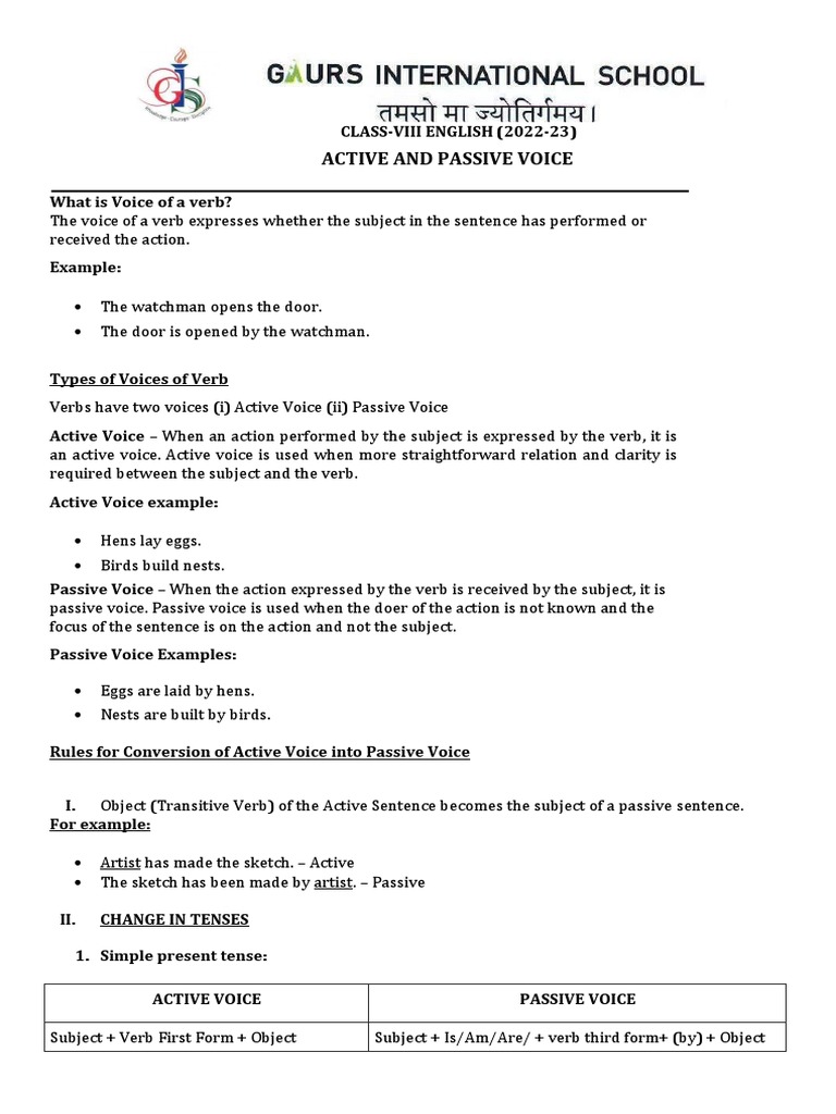 Active and Passive Voice for Class 8 | PDF | Verb | Subject (Grammar)