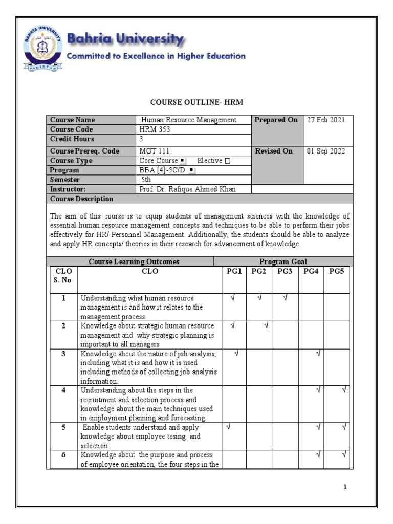 HRM Course Outline for BBA Program | PDF | Human Resource Management ...