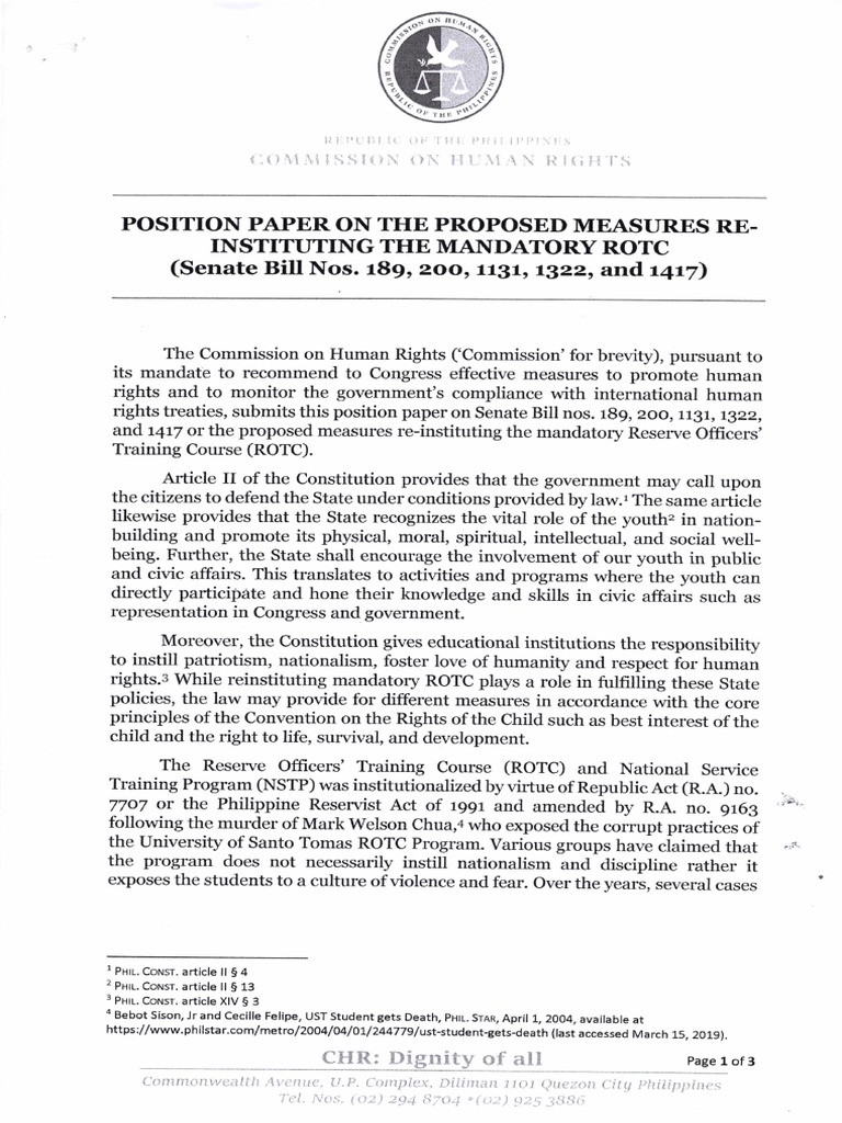 Position Paper on Mandatory ROTC Concerns | PDF | Convention On The ...