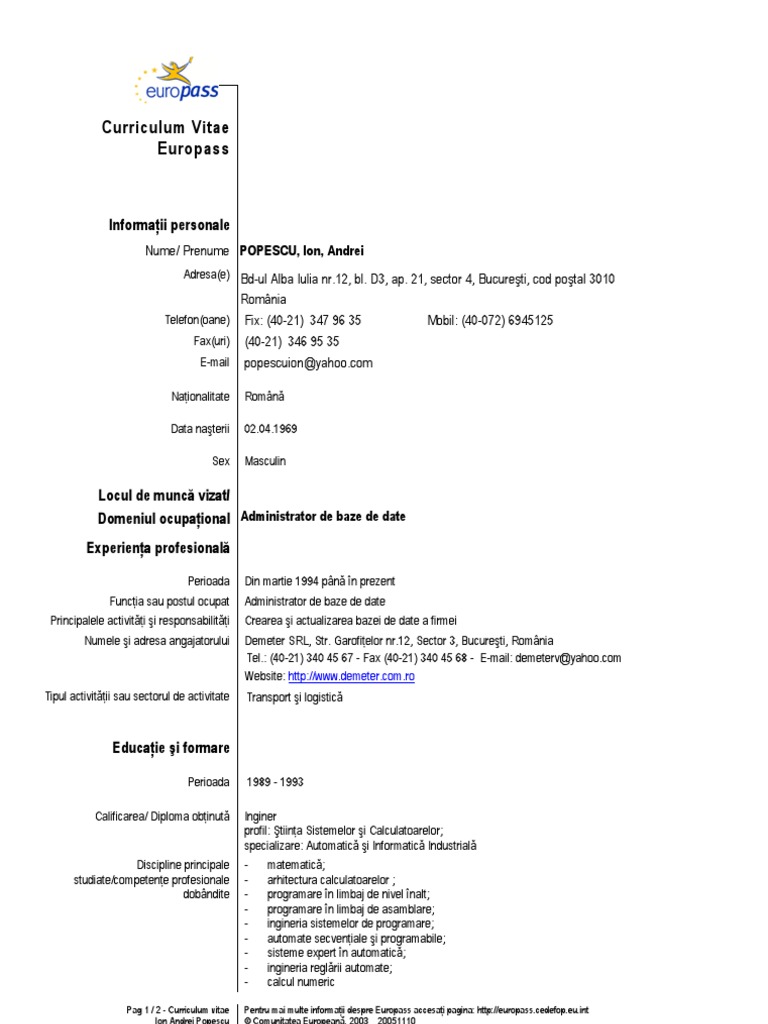 Model CV European Completat Romana | PDF