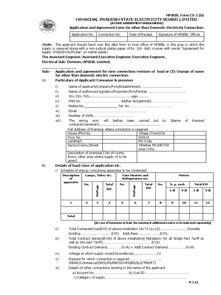 HPSEBL Application for Non-Domestic Connection | PDF | Indemnity | License