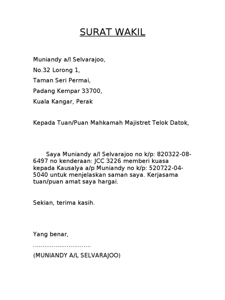 Contoh Surat Pembatalan Surat Kuasa Wakil