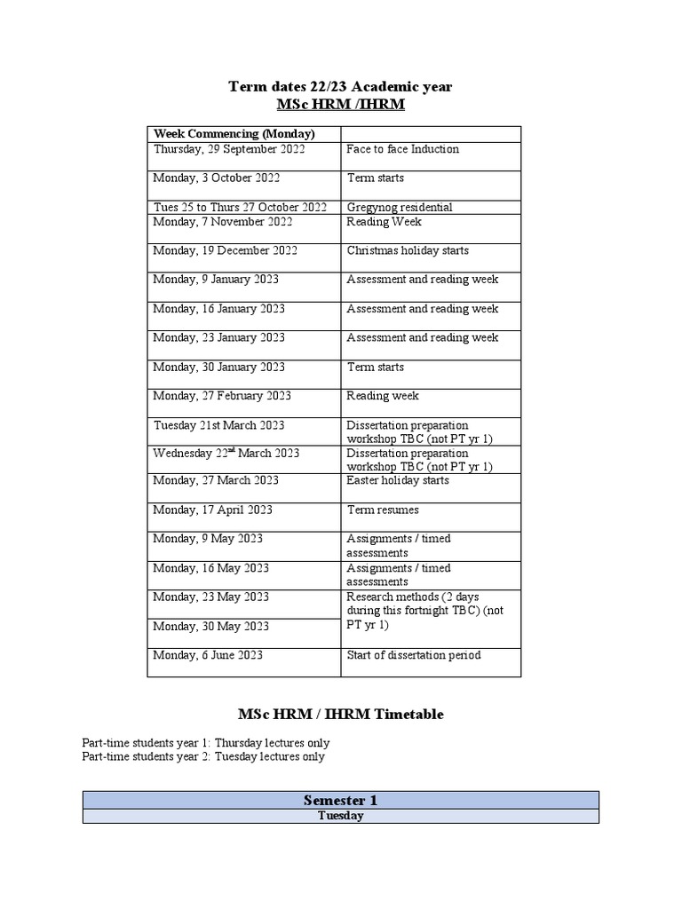 Timetable and Term Dates 2223 Download Free PDF Human Resource