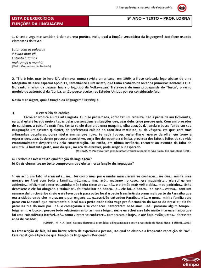 Exercícios sobre Funções da Linguagem 9º Ano | PDF