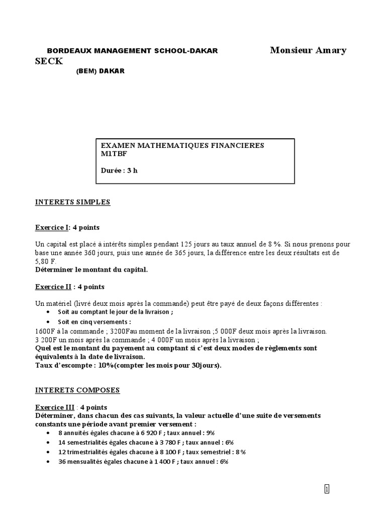 Examen BEM Mathématiques Financières 2021 | PDF | Prêts | Crédit