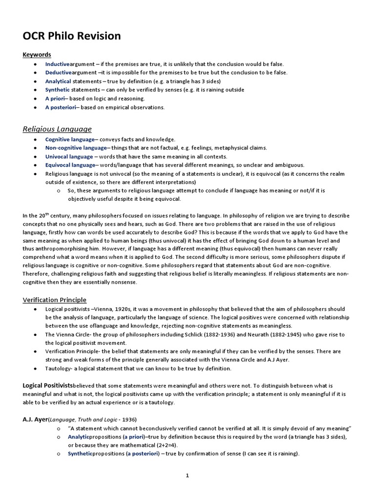 Ocr Philosophy A Level Revision Pack PDF Soul Falsifiability