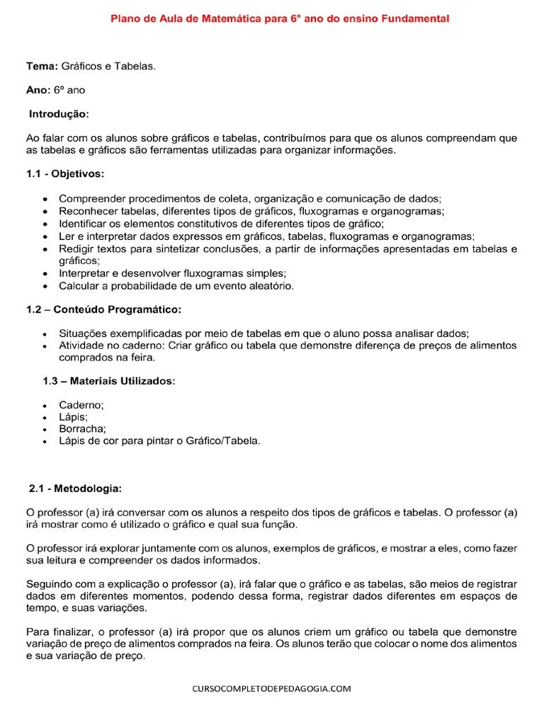Plano de Aula de Matematica para 6° Ano Do Ensino Fundamental | PDF