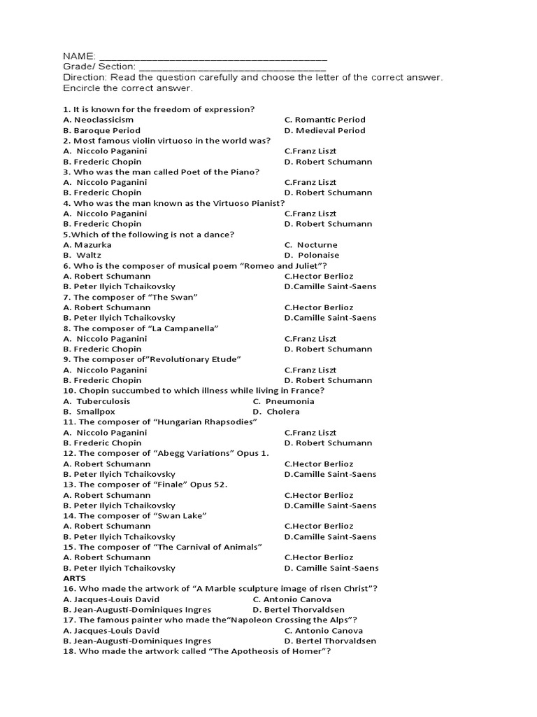 Third Periodical Test Mapeh 9 Pdf Frédéric Chopin Franz Liszt