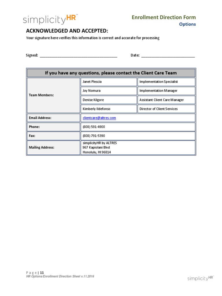 Enrollment Direction Form for Processing Employee Benefit Elections PDF