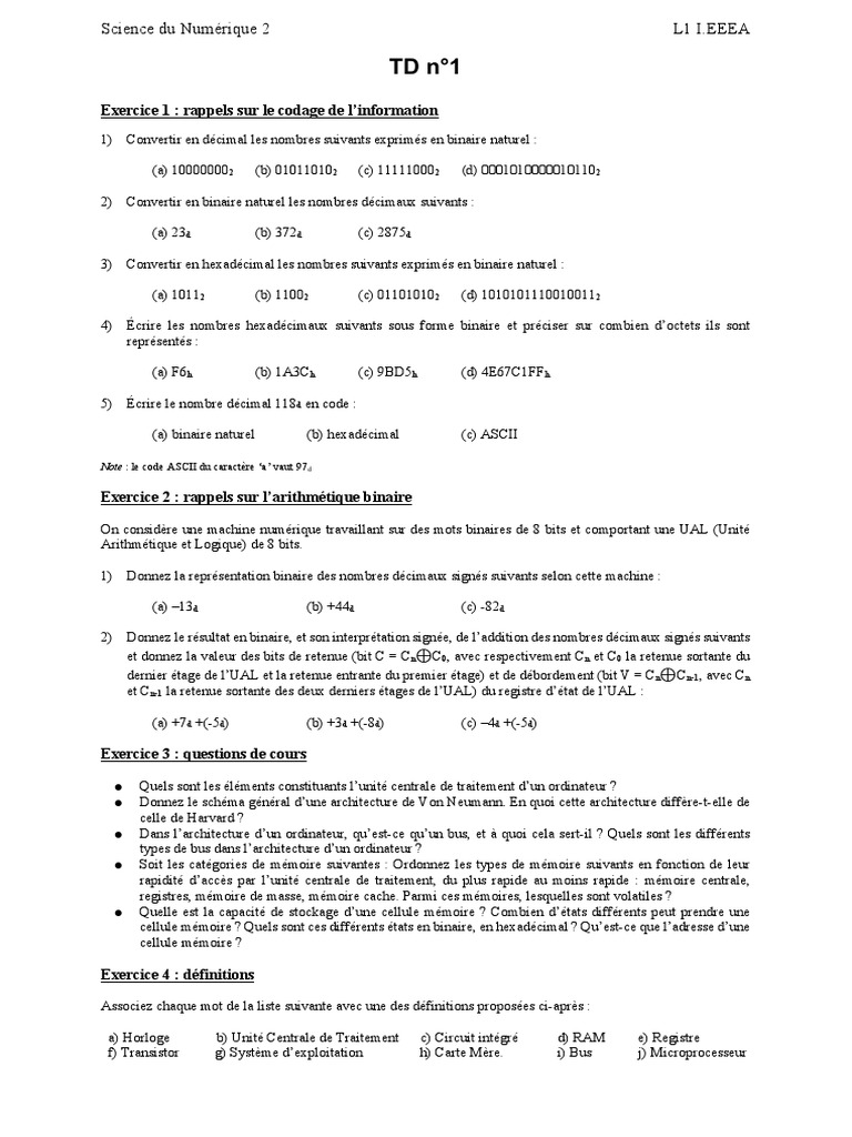 Exercices de codage et arithmétique binaire | PDF | Processeur ...