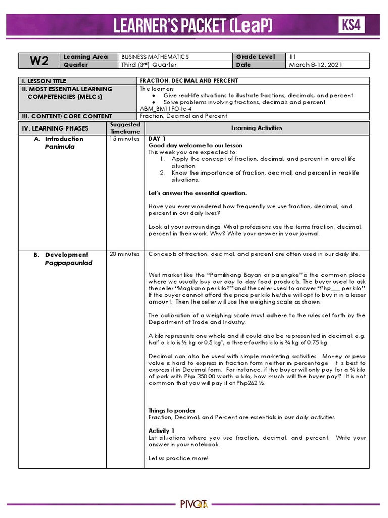 ABM Business Mathematics 3RD Quarter Week 2 | PDF | Percentage