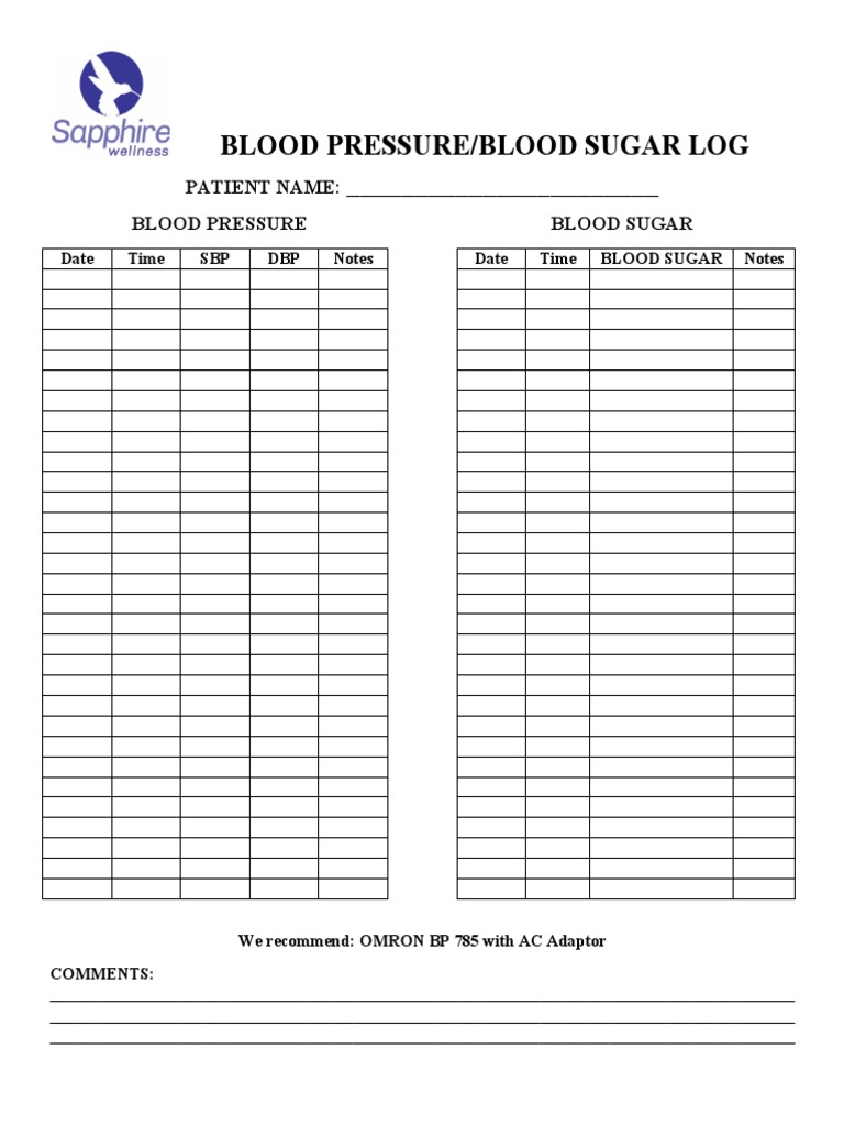 Main Blood Pressure Blood Sugar Log Template Sapphire Wellness | PDF for Free Blood Pressure Log Sheet Printable