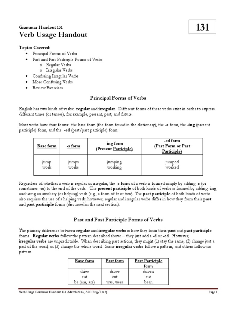131 Verb Usage PDF Verb Grammatical Tense