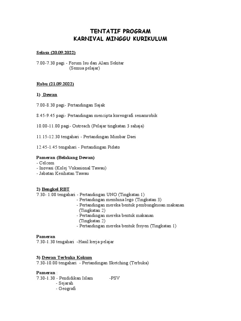 Tentatif Program Karnival Kurikulum (Terkini) | PDF