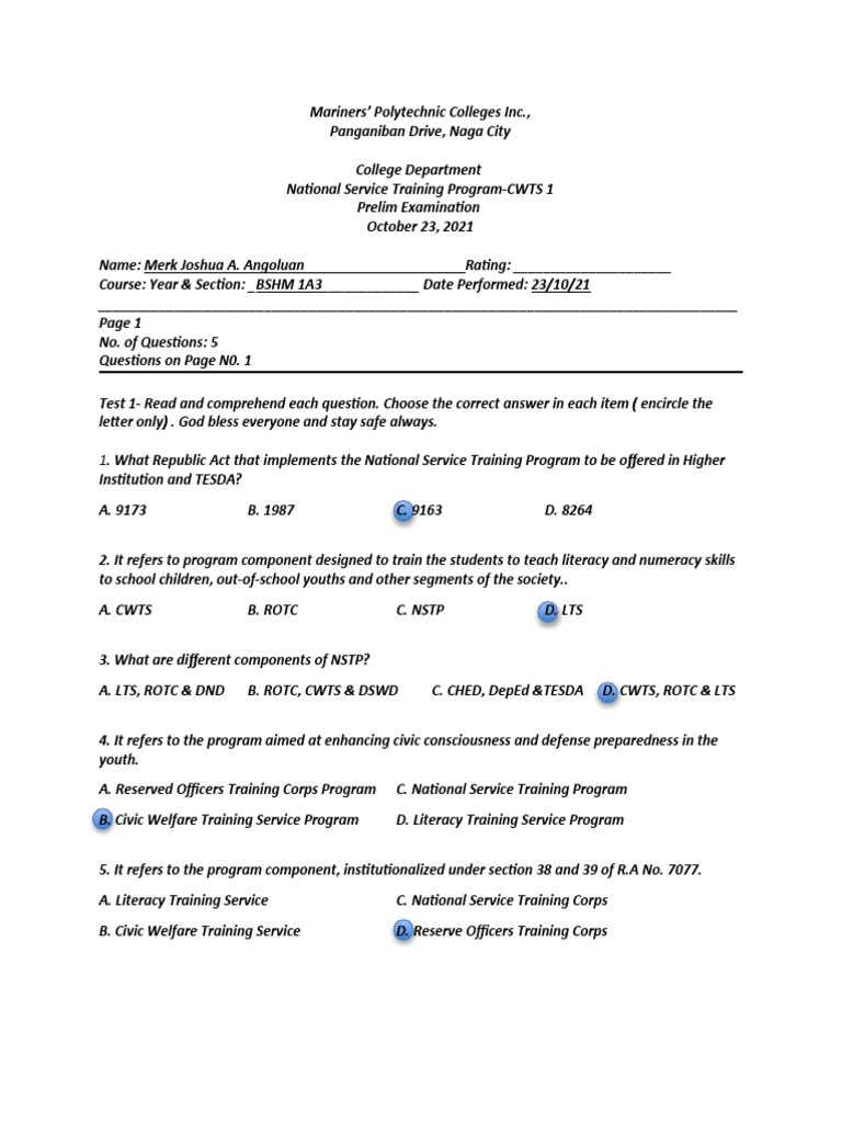 NSTP CWTS Prelim Exam Questions | PDF | Earthquakes | Geophysics